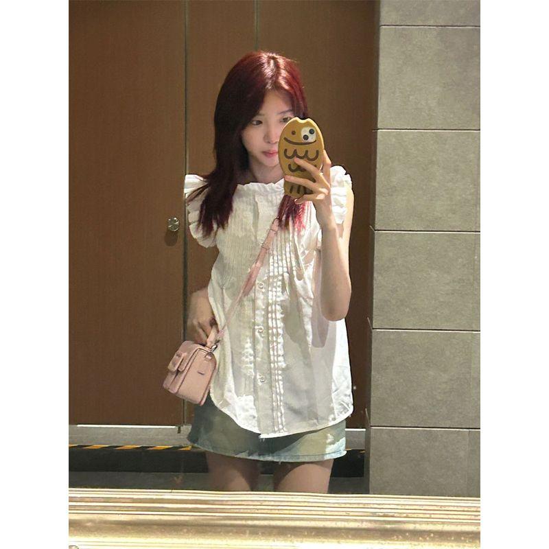 

French Style Design Flying Sleeve Short-Sleeved Shirt Women s Summer Niche Style Cute Youth-Looking Doll Shirt Sleeveless Elegant Tops White XL