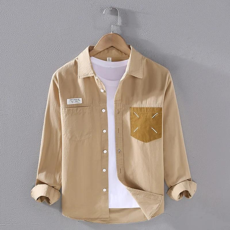 Spring Autumn New Arrival Men Shirt Daily Casual Pure Cotton Long Sleeve Shirts Korean Pocket Sttiching Shirt Youth Popular Tops 3XL