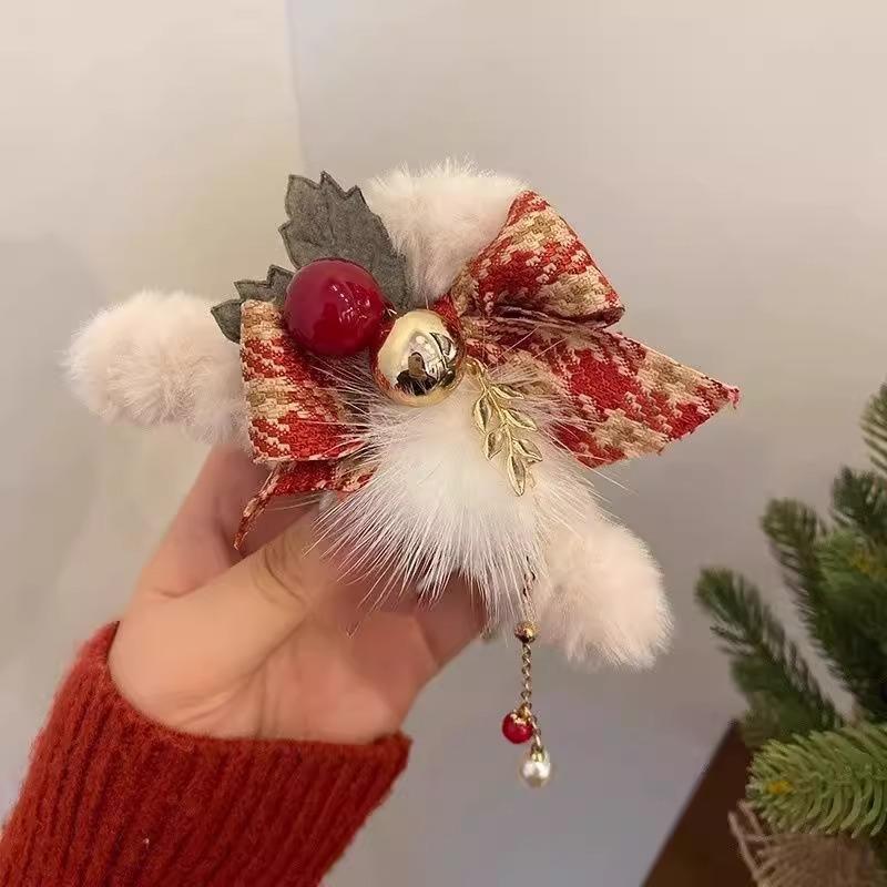 Christmas Style Patterned Bow Hair Clip Bell Pendant Plush Decoration Holiday Cute and Exquisite Hairstyle Hair Accessory