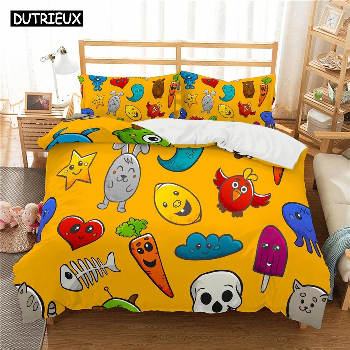 Cartoon Graffiti Print Polyester Beddengoedsets Kind Kinderen Dekbedovertrekken Jongens Bedlinnenset Voor Tieners Kingsize Beddengoedset EU Single 135x200cm