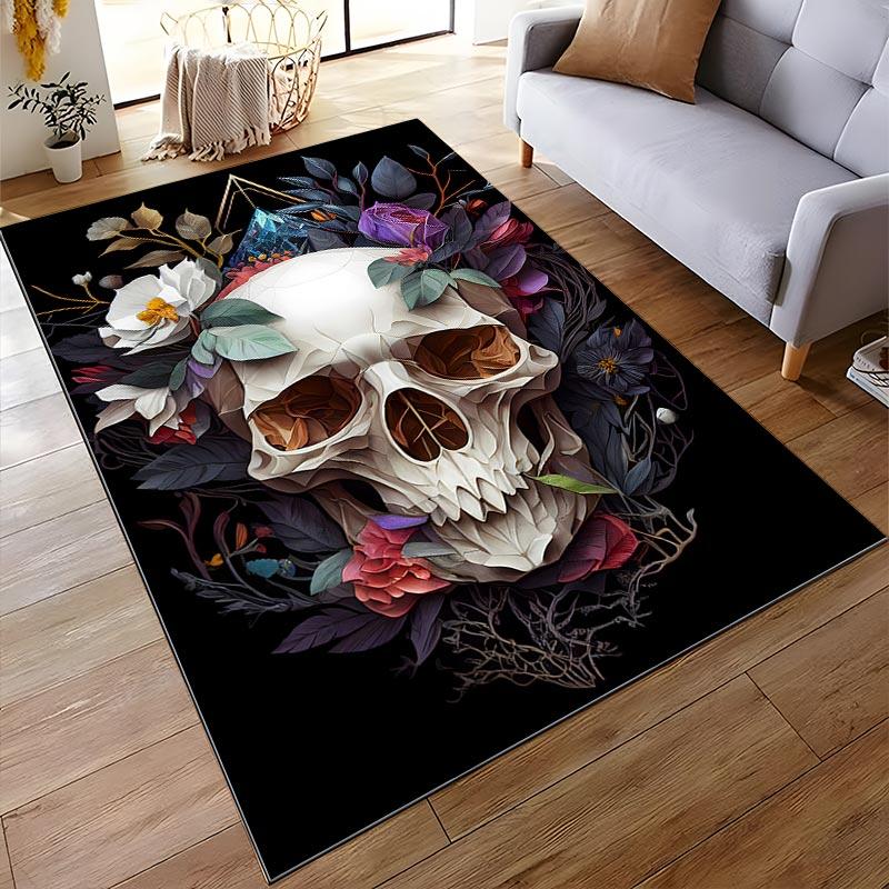 Skull and Floral Pattern Carpet with Dark Elegant Design and Colors Suitable for use as an anti-slip for living room bedroom sofas