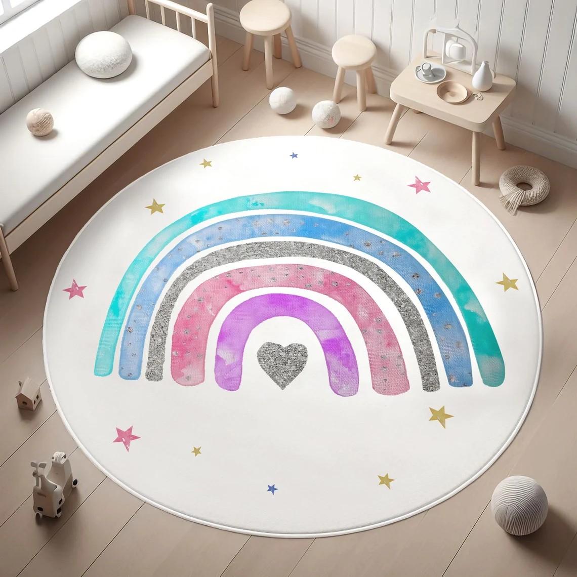 

Rainbow Kids Rug,Heart Rainbow Kids Rug Washable Soft Carpet Non-Slip Girl s Room Floor Mat Nursery Playmat,Area Rug 80X80CM