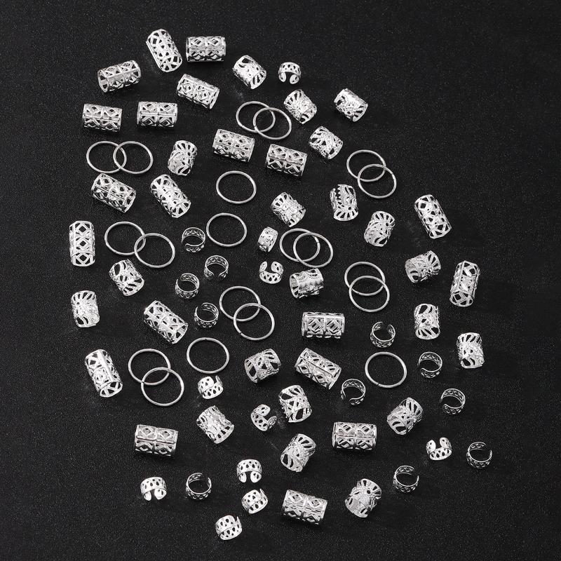 

80Pcs/Set Mixed Hair Rings Set Dreadlocks Beads Hair Braid Rings Clips Dread Locks Hair Braiding Cuffs Decoration/Accessories серебряный