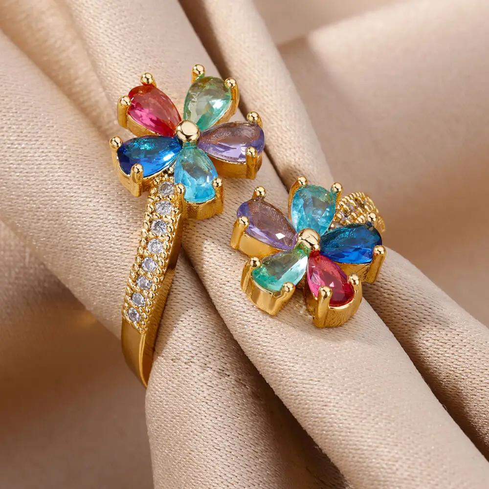 Anelli Doppi Fiore Zircone Viola per Donne Colore Oro Acciaio Inossidabile Anello Aperto Fiore Gioielli Estetica Matrimonio Regalo
