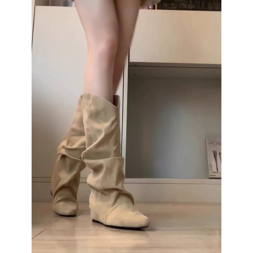 Maillard Brown Knight Boots Women's 2025 New Thick Heel Retro Inner Height-increasing and Thin Pleated Stacked Boots