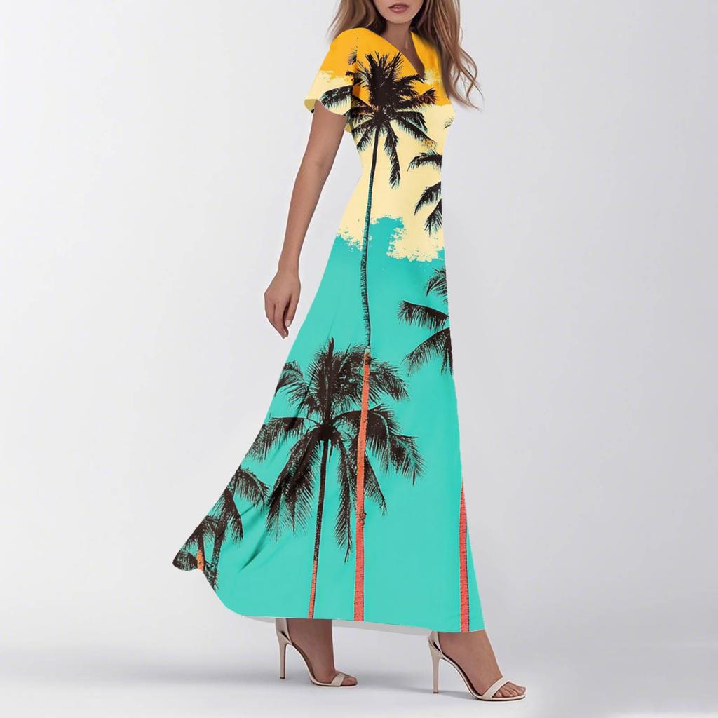 Dámské letní ležérní móda retro květinové šaty s výstřihem do V, krátkým rukávem