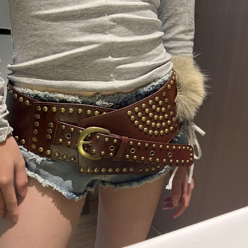 PU Leather Rivet Studded Fur Belt Exaggerated Waist Cummerbunds Chic Spice Girls Belt