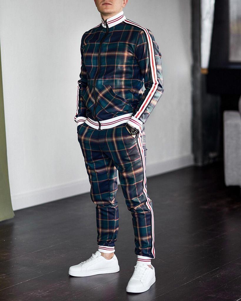 Autumn Men's Casual Plaid Sport Suit: Zip-Up Jacket & Long Pants Two-Piece Set