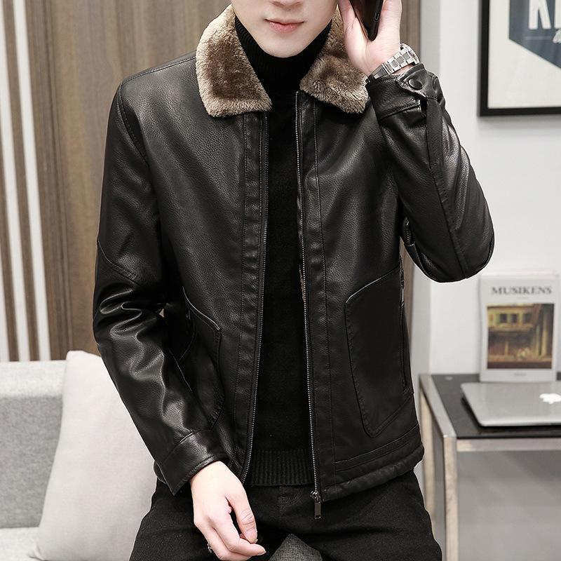 Men's Plush Leather Jacket Autumn and Winter New Korean Version Handsome Fur Collar Leather Jacket Warm and Trendy Clothes On The Brand