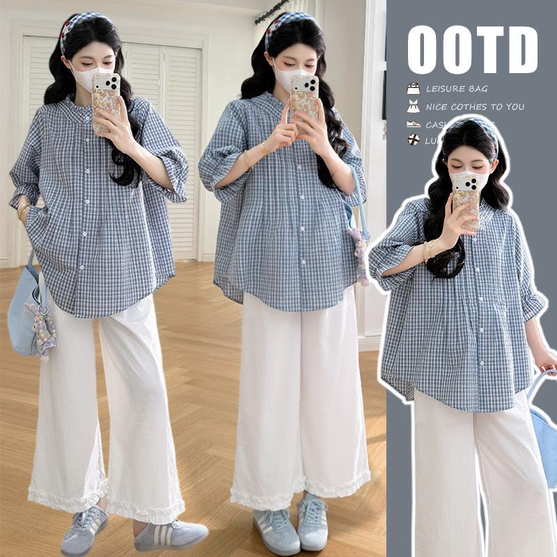 2026 Plaid Maternity Set: Slimming Shirt + Lace Trim Pants M