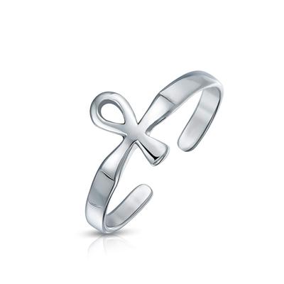 Religious Spiritual Middle Finger Egyptian Ankh Cross Mid Toe Ring For Women Teens Polished Adjustable Silver Sterling Silver .925