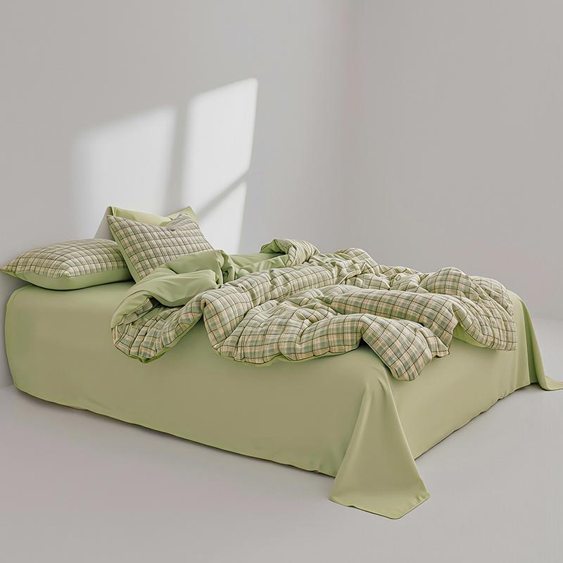 Fresh Green Plaid Quilt Cover Or Bedding Set Soft Skin-Friendly Duvet Covers Comfortable Durable Machine Washable Blanket Cover