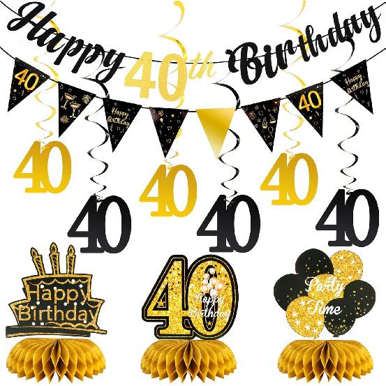 30th Birthday Decorations for Him Pre Assembled Black Gold Happy 30th Birthday Banner, Hanging Swirls and Table Honeycombs Centerpieces for Men 30th
