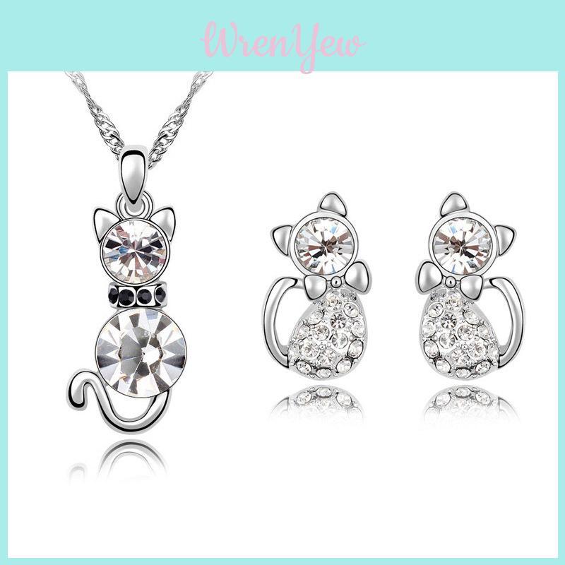 Cat Crystal 3pcs Shaped Necklace Earrings Jewelry Set Gift Teen Girls For Women