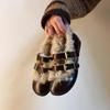Plush warm fluffy shoes belt buckle Mary Jane shoes round head flat sole shoes one-word buckle small leather shoes
