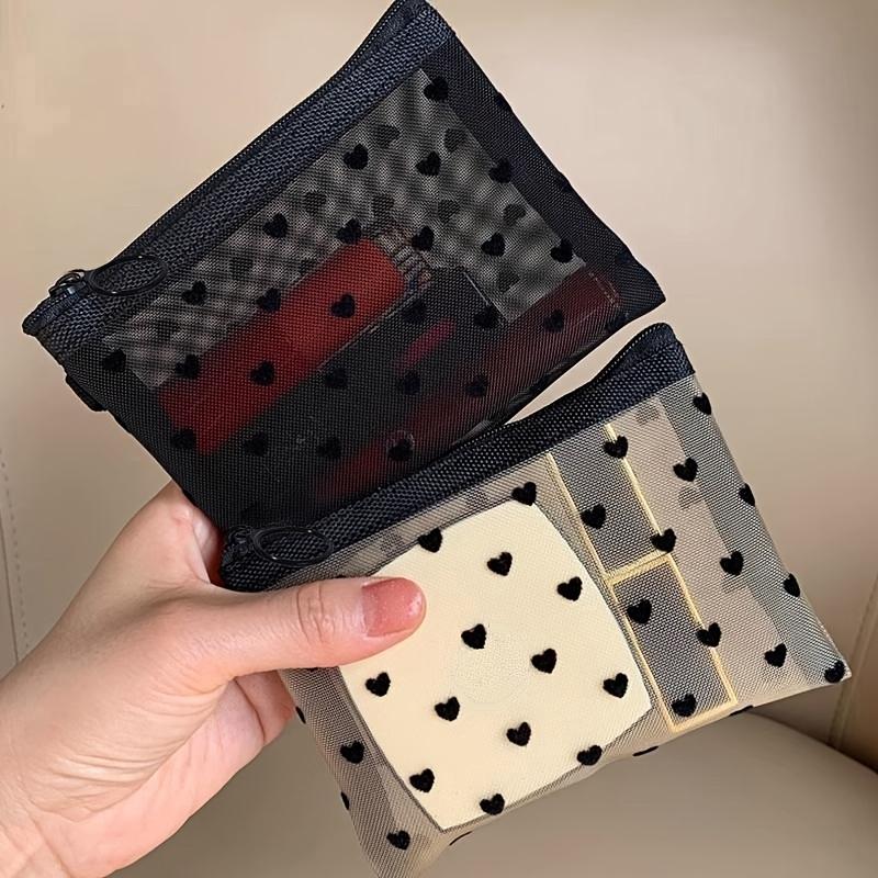 4pcs Nylon Mesh Cosmetic Bag Zipper Heart Shaped Toiletry Organizer Makeup Bags Multifunctional Lipstick Key Coin Purse Pouch