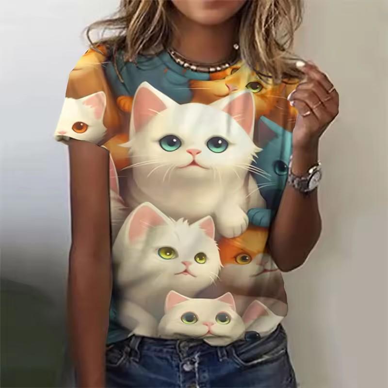 Cat Animal 3D Print T-Shirts Summer Women Round Neck Short Sleeve T Shirt Harajuku Top Y2k Casual Oversized Tees Female Clothing