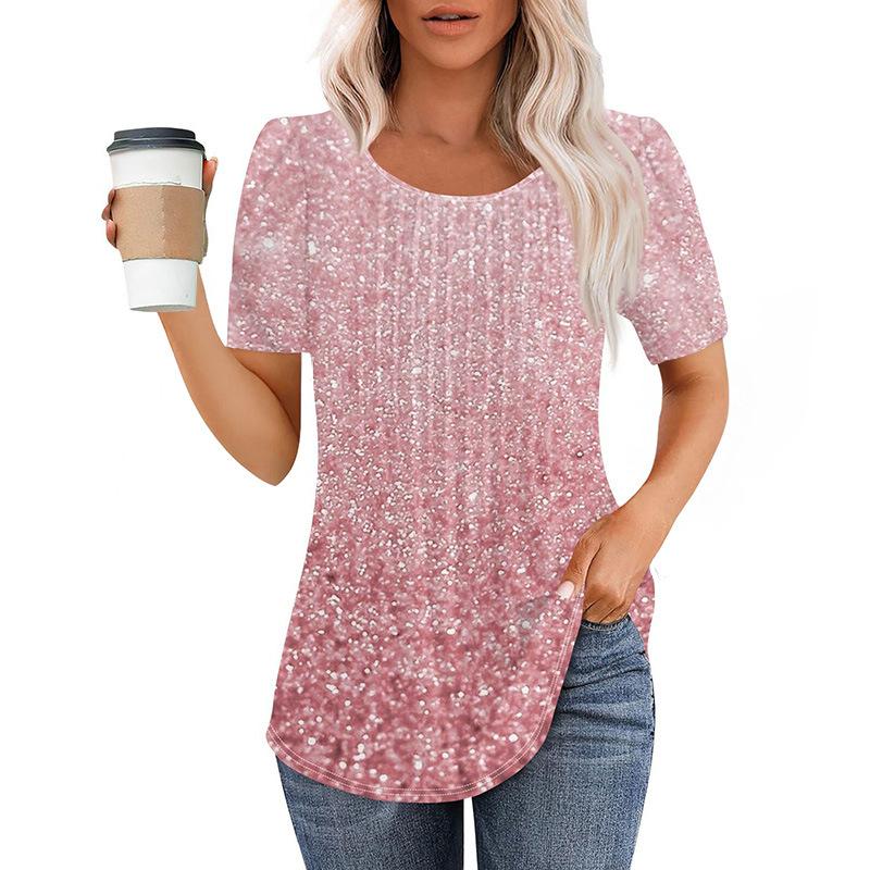 Neues plissee-Rundhals-Kurzarm-T-Shirt Damen-Oberteil Damenbekleidung