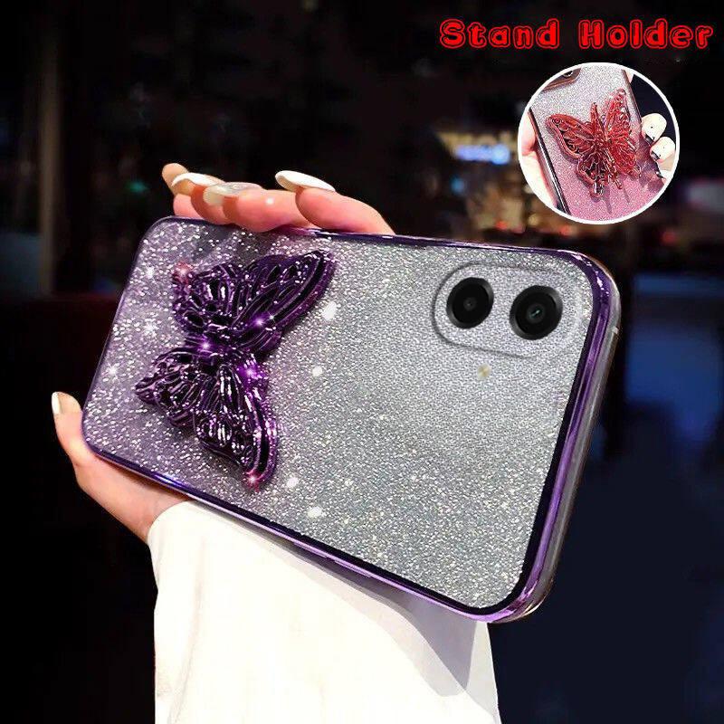 For Samsung Galaxy A07 / Galaxy A07S / Galaxy A08 Case with Cute Butterfly Stand Luxury Slim Gradient Clear Plating Glitter Girls