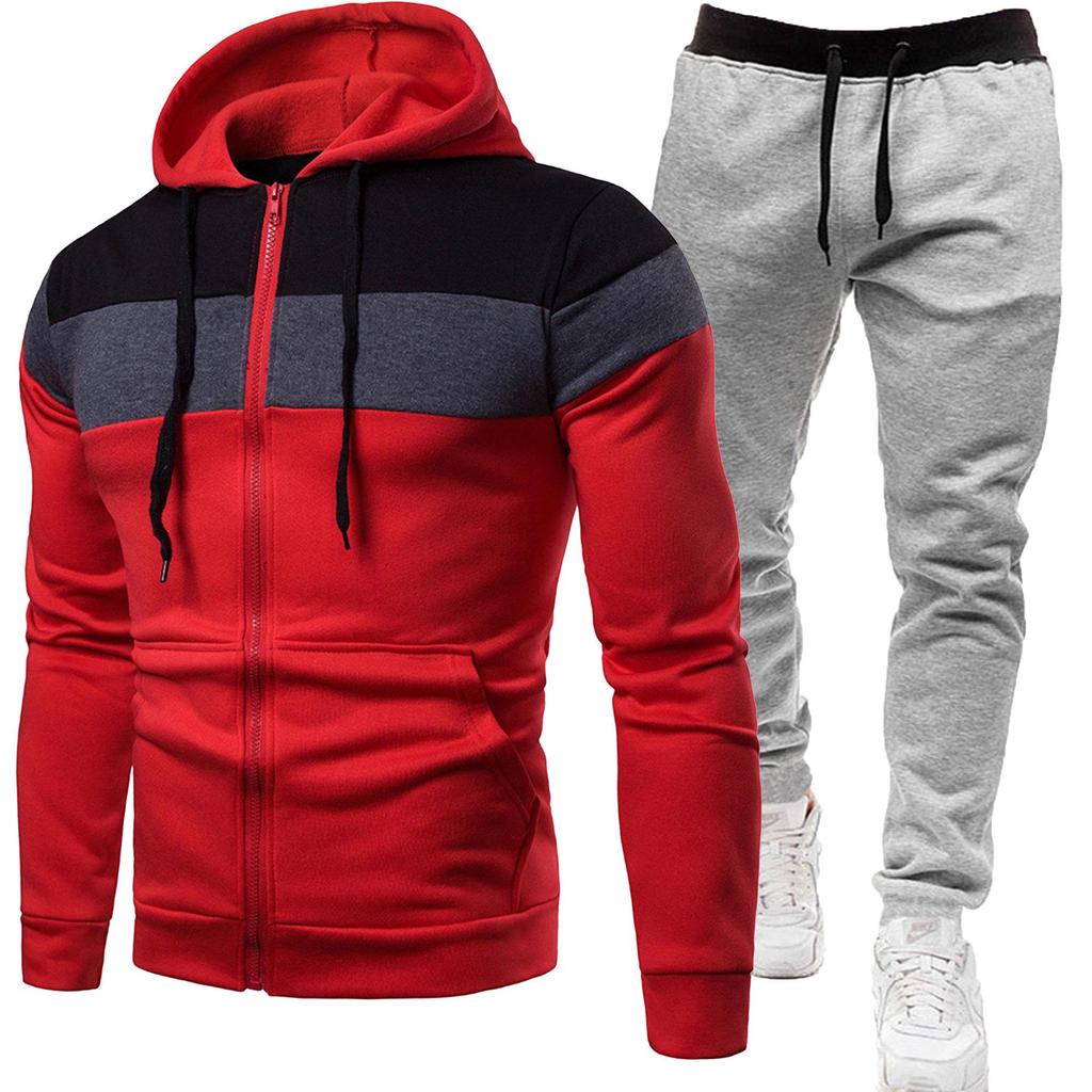 Men's 2024 Casual Tracksuit: Spliced Hooded Jacket & Long Pants Two-Piece Set for Spring/Autumn.