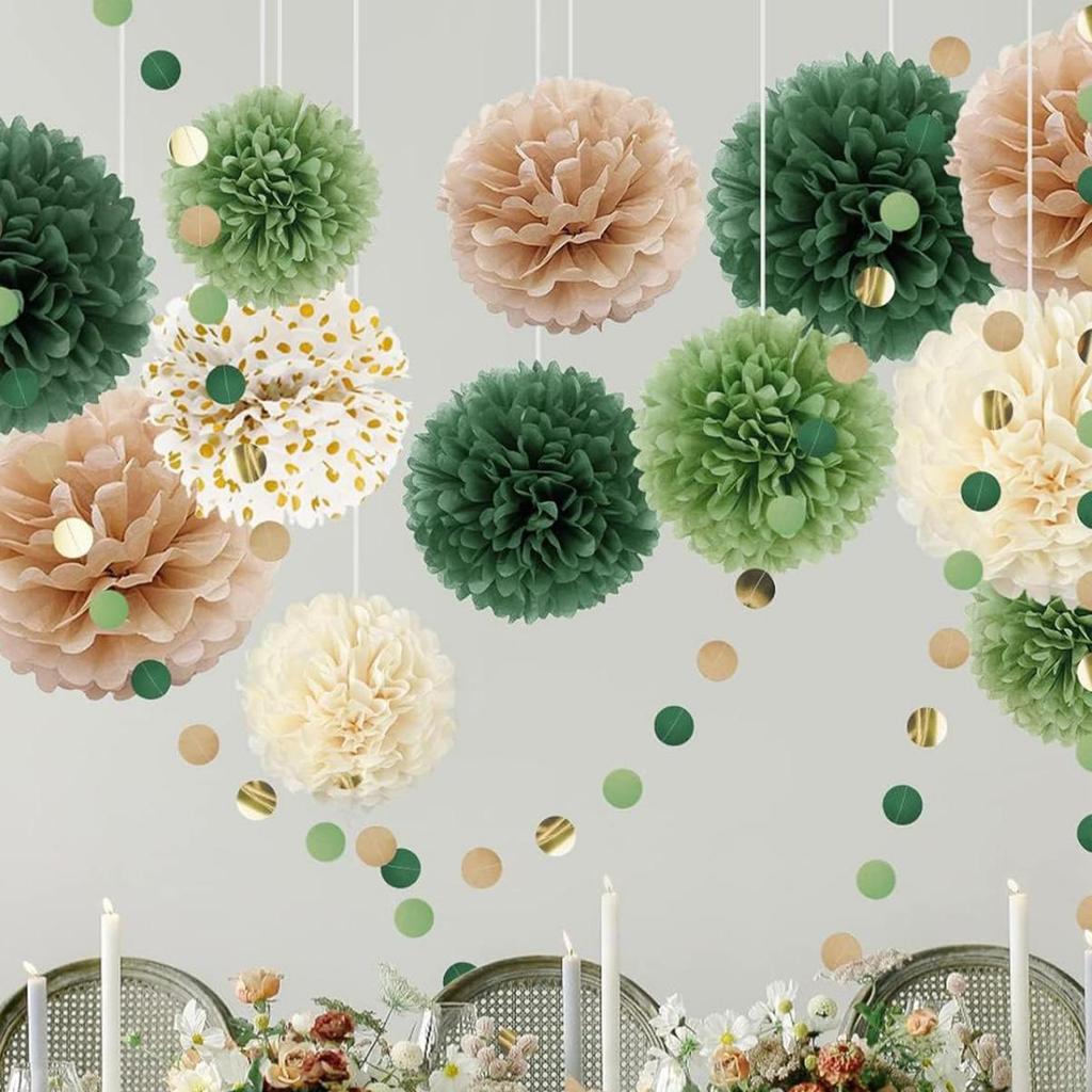 Dark Green Honeycomb Paper Flower Ball Set for Party, Wedding, or Event Decoration - 15 Pieces
