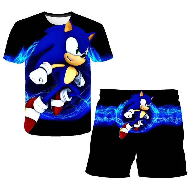 2025 MINISO New boys and girls super sonic Tshirts+shorts  Harajuku Sonic print suit T-shirt + shorts fashion street style children's short sleeves