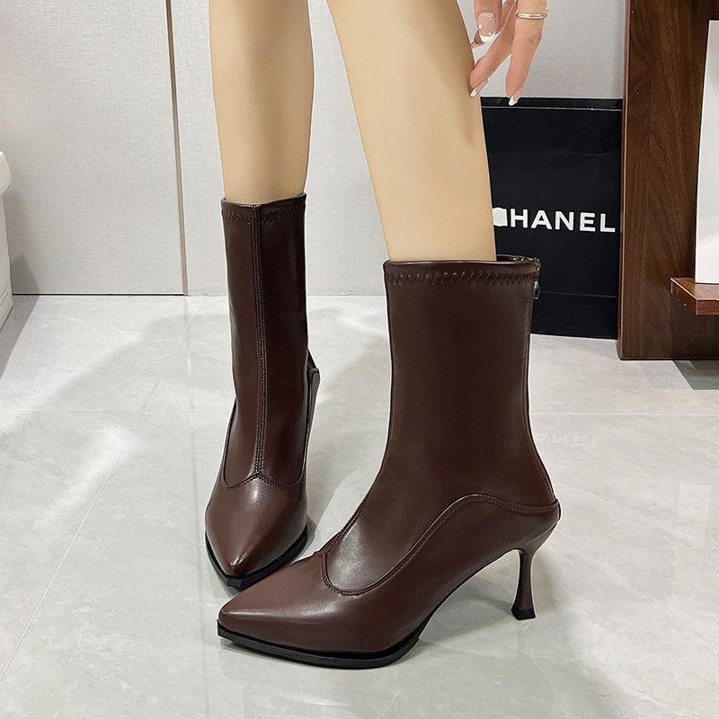French high-heeled pointed short boots, new European and American thin-heeled bare boots, thin boots, retro brown short boots in autumn and winter 202