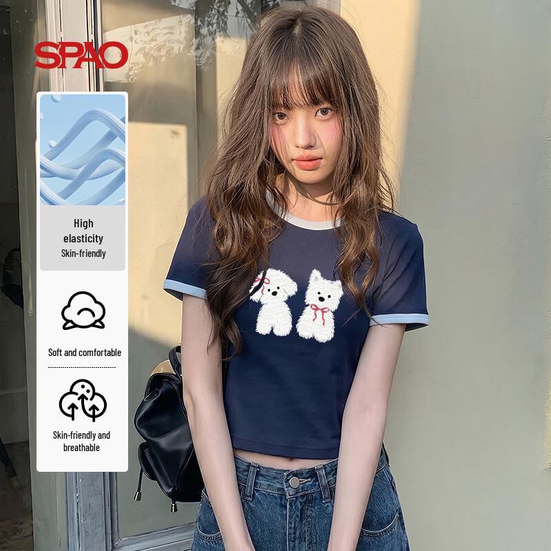 SPAO Women s Retro Bow Dog Print Short Sleeve T-Shirt S
