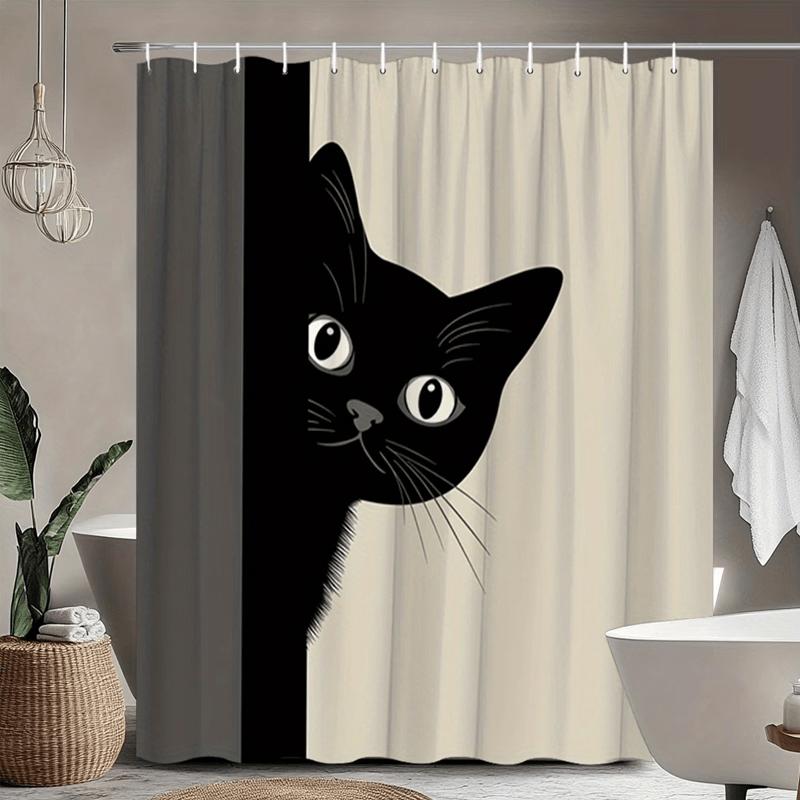 1pc Black Kitten Pattern Shower Curtain, Available in Multiple Sizes,, Includes 12 Hooks, Striped Wall Style, Suitable for Moder