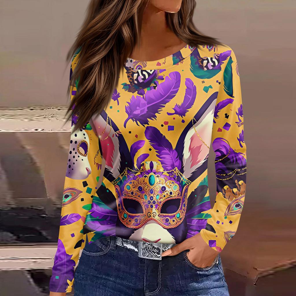 Women's Fashion Casual Slit Hem Round Neck Long Sleeve Loose Printed T-Shirt Top