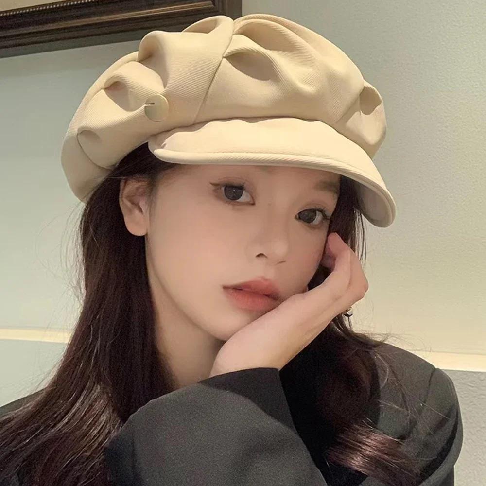 Vintage Octagonal Hats Women Solid Color Pleated Berets Artist Painter Newspaper Cap Winter Autumn Casual Street Brim Caps