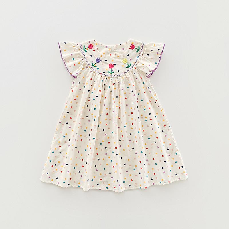 Girls Summer Dress Colorful Polka Dot Tulip Embroidery Fly Sleeve Sweet Princess Party Dress For Kids 90cm