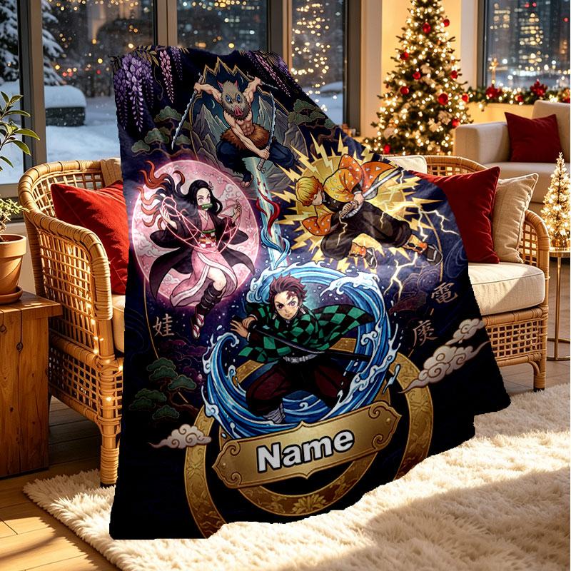 Couverture Personnalisée au Nom avec Impression Demon Slayer, Décoration d'Intérieur, Chambre à Coucher, Canapé, Camping, Canapé, Cadeaux pour Anniversaire Noël
