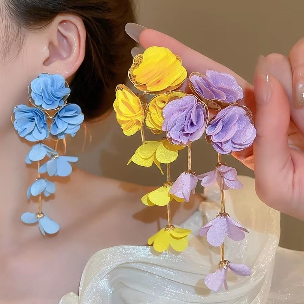 Chiffon Flowers Tassel Earrings Multicolor Women Earrings Sweet Long Drop Earring  Ear Jewelry