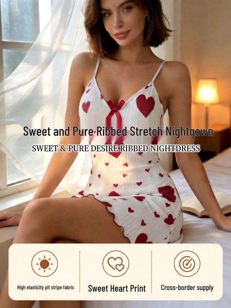 European & American Style Heart Print Nightgown for Women - Pure Desire Ribbed Lace-up Design, Sweet 2026 New Short Skirt Pajamas