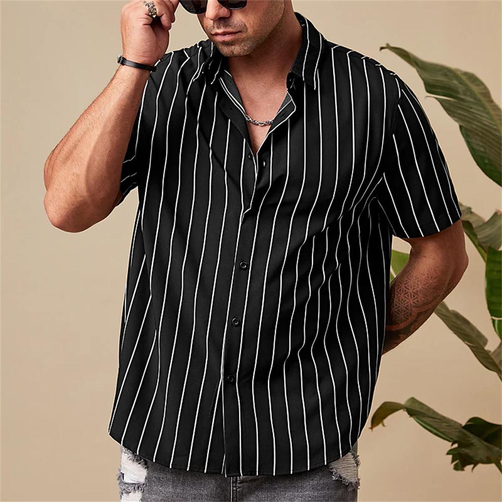 Fashion Men's Striped Print Shirts Button Short Sleeve Lapel Streetwear Summer Basic Blouse Classic Shirts for Men
