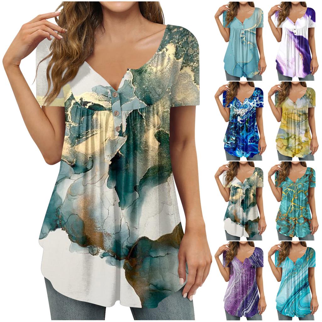 Women's Fashion Casual Print Short Sleeve Button V Neck Loose T-Shirt Top