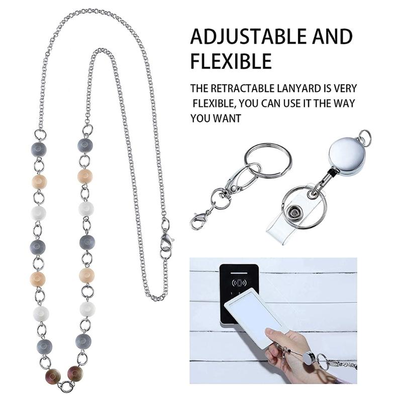 Women Retractable Badge Reel Lanyard with ID Card Holder Necklace Name Badge Holder Lanyard Stainless Steel Beaded Chain