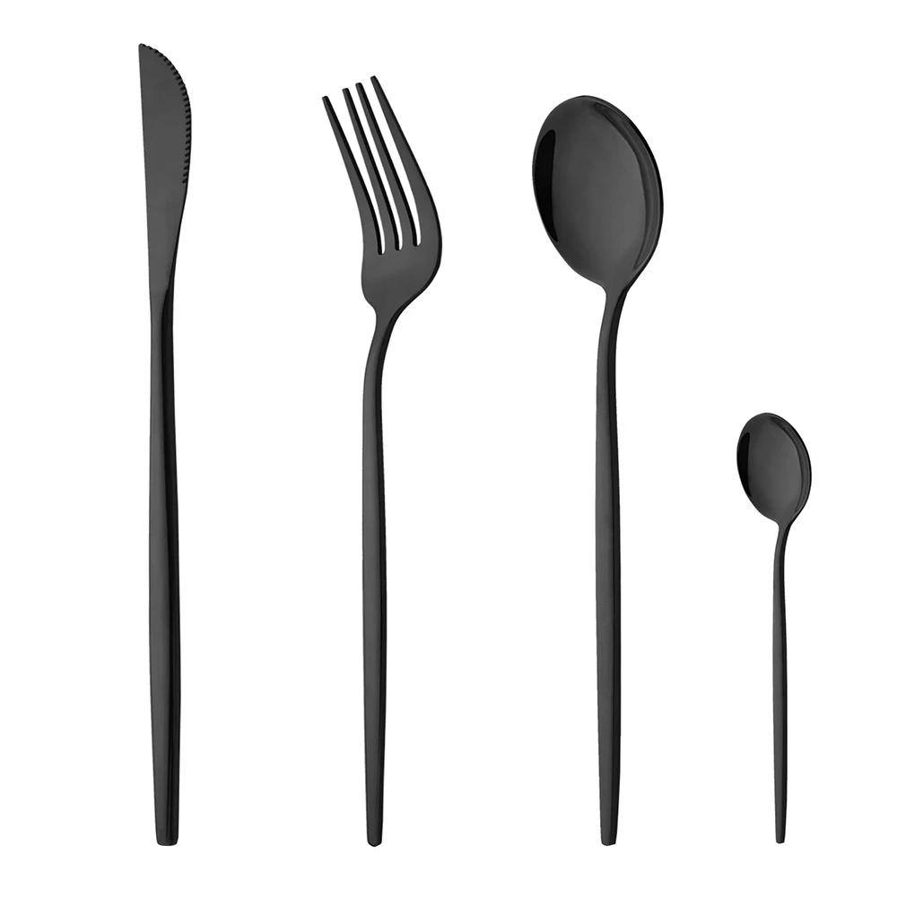 

4/6/12/16/24 шт. Набор столовой посуды Черный набор столовых приборов Вилка из нержавеющей стали Нож Чайная ложка Обеденный Кухонный Набор столовых приборов