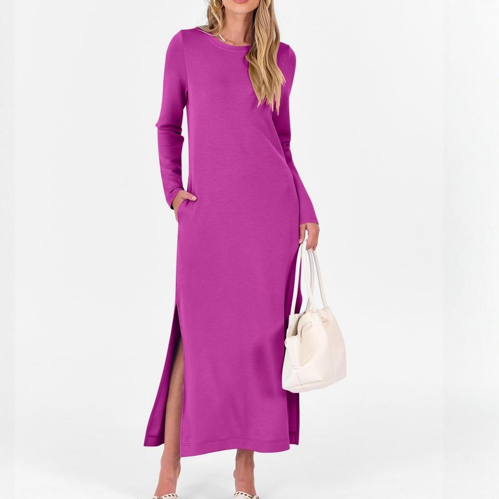 Vestido largo recto de moda para mujer con división de color y doble bolsillo