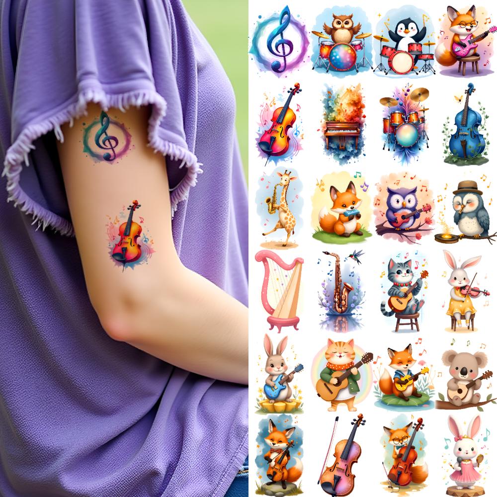 63pcs Temporary Tattoo Instrument Stickers Cartoon Animal Music Waterproof Long-lasting Body Stickers For Men Arms Cheeks