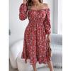 Fashion Women's Dresses Elegant Floral Square Neck Long Sleeve Waisted Ruffle A-line Dresses