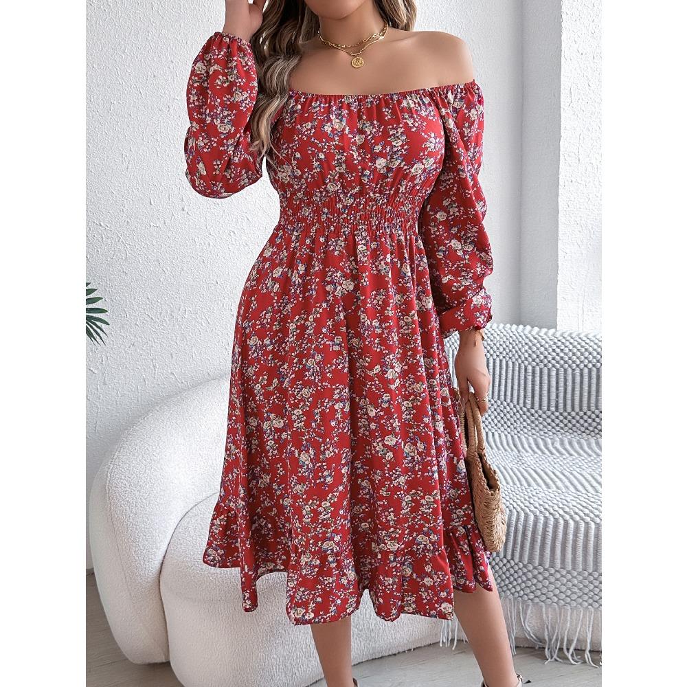 Fashion Women's Dresses Elegant Floral Square Neck Long Sleeve Waisted Ruffle A-line Dresses