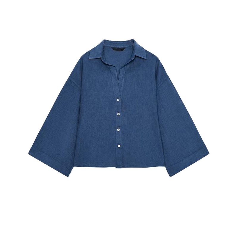 Linen Blended Lapel Long Sleeve Shirt Tops 4043012 Series with Decorations Mid Waist Casual Pants 4043246