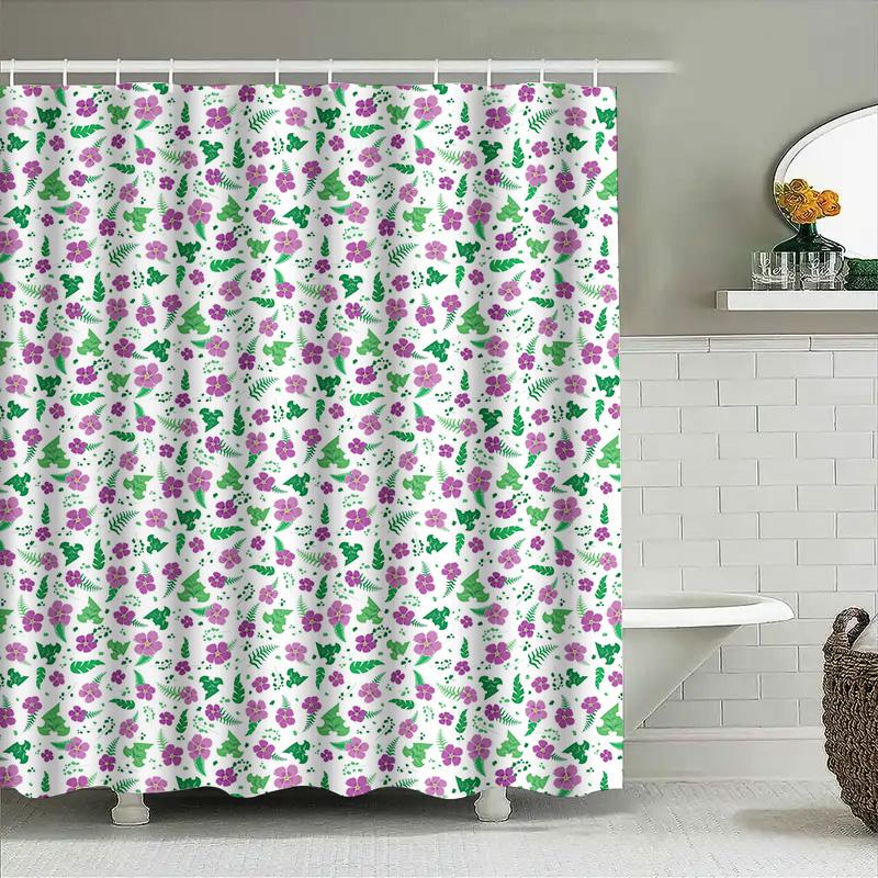Delightful Floral Shower Curtain Purple Green Pattern Polyester Fabric Perfect For Bathrooms Decor Ready-To-Ship