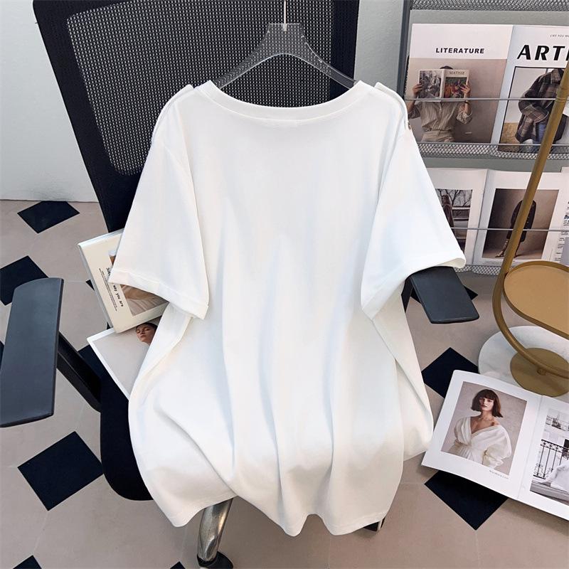 Plus Size Slimming Round Neck Short-Sleeve Mid-Length T-Shirt for Women (200-350 Jin)