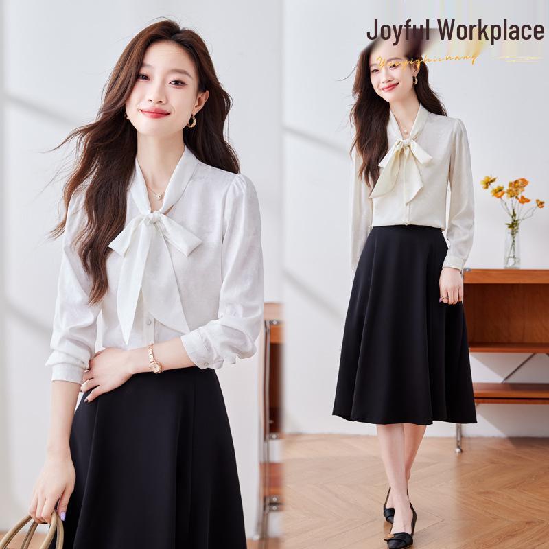 

Women s Satin Bow Tie Blouse - Autumn 2024 Long Sleeve Chiffon Draped Top S