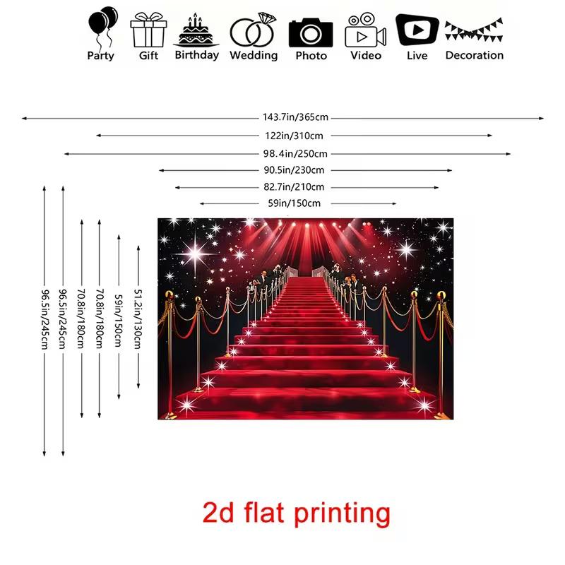 2D Glitter Red Carpet Stair Wall Tapestry, Celebrity Event Spotlight Backdrop for Parties