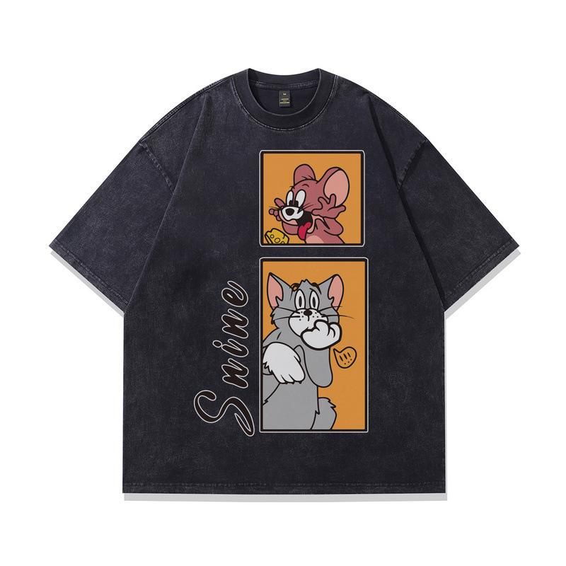 Heavy Cotton Washed Short-Sleeved T-Shirt American Retro Trendy Cartoon Printed Vintage Half-Sleeved Top