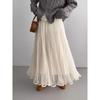 Qooth Tulle Pleated Midi Skirt Elastic High-Waist Draped Skirt Flowy Fairy Half Skirt for Women QT2987